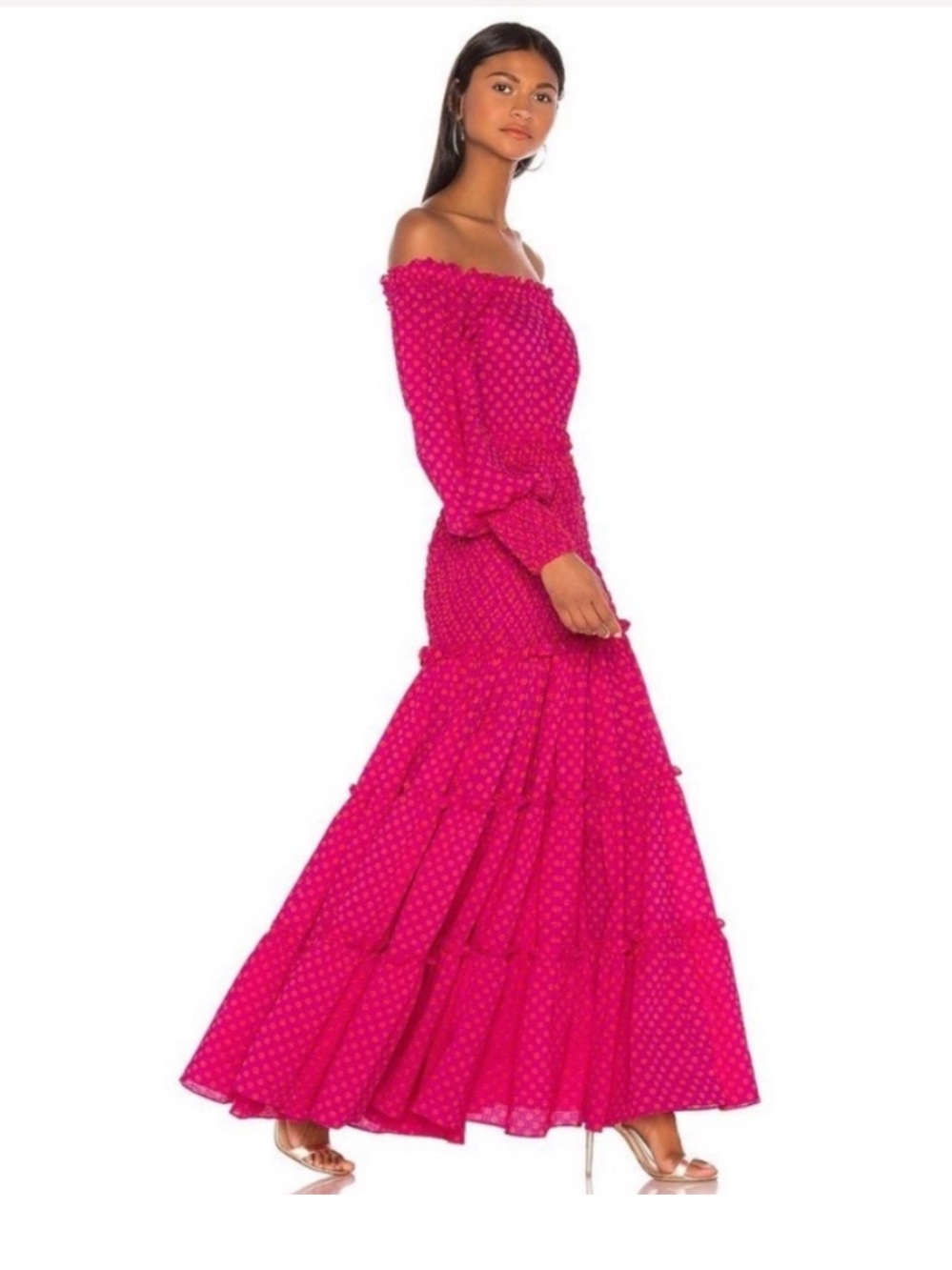 Alexis Fuchsia Off-Shoulder Polka Dot Maxi Dress - Picture 2 of 11